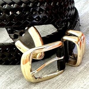 FOSSIL BELT Leather Black Woven Braided XL 36-40 Adjustable Unisex Silver Tone